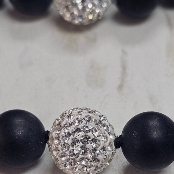 Matte Black Beads and crystals ball flex Bracelet and matching necklace set - Picture 7 of 8